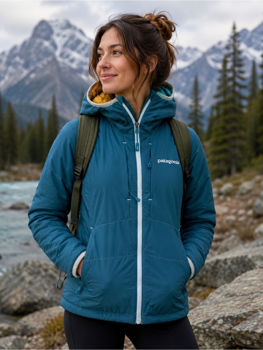 Patagonia sz S Air Nano Hoodie Teal Puffer Jacket zip front with light blue trim